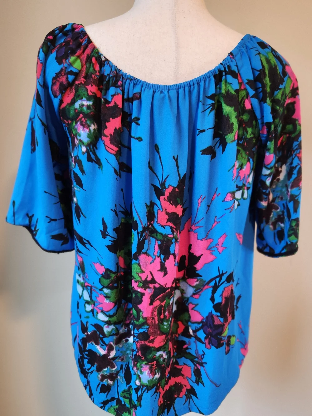 Chelsea Theodore Petite L Floral Peasant Blouse Blue Pink 3/4 Sleeve Boho Top